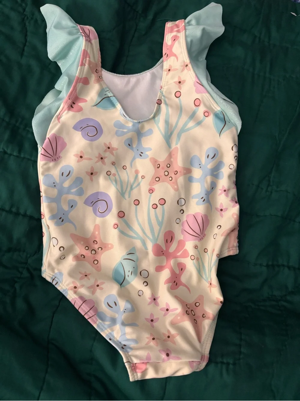 Disney Girls' Ariel Mermaid Print Pink & Aqua One-Piece Swimsuit